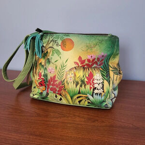 ANUSCHKA Artisan Handpainted Colorful Leather Triple Compartment Crossbody Tote
